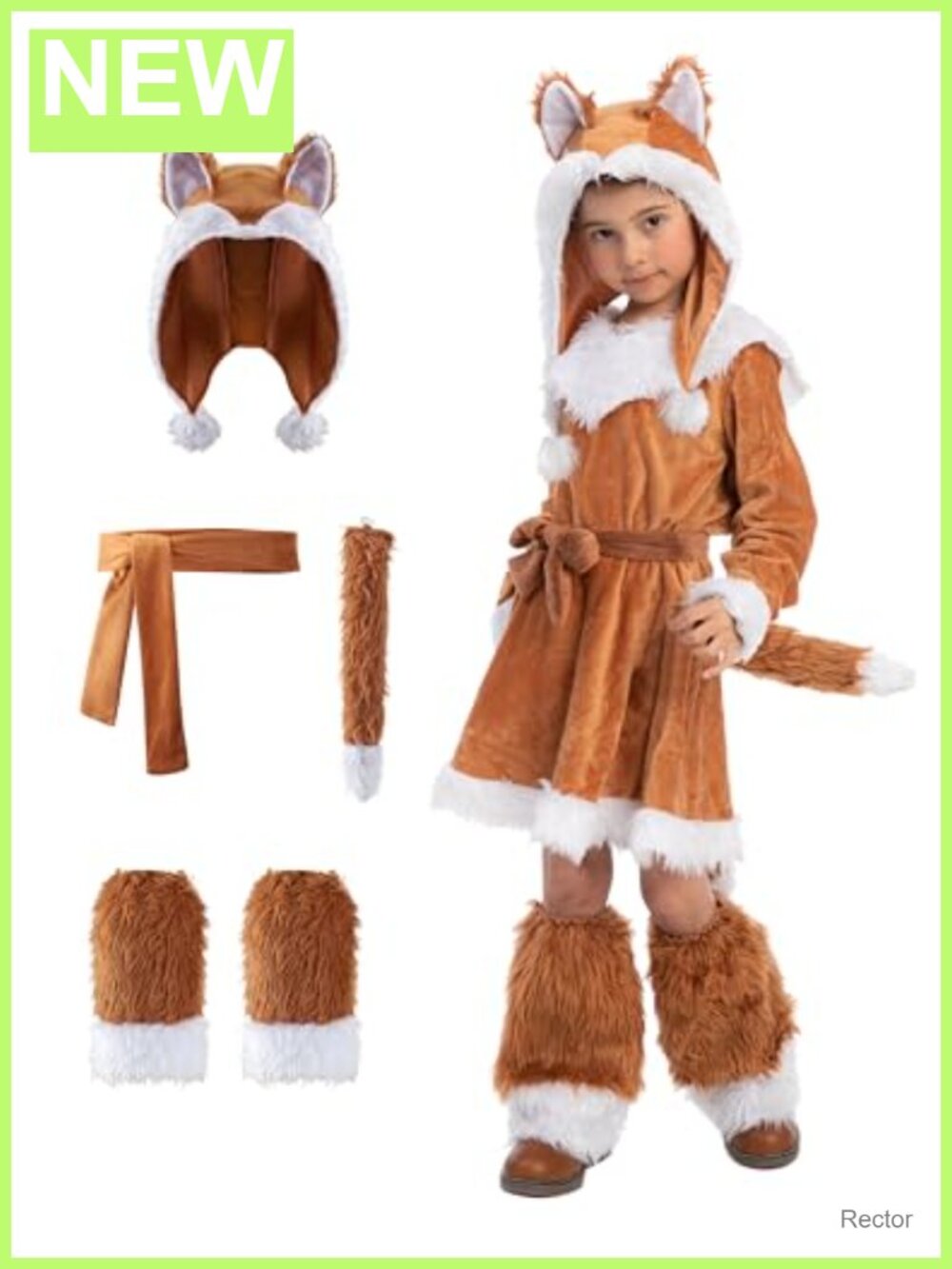 Girls Fox Costume Halloween Dress Up Set with Hood Tail Boot Covers